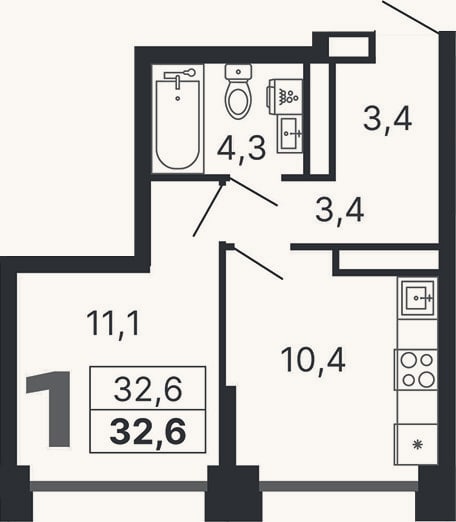Планировка: 1-к, 32,6 м²