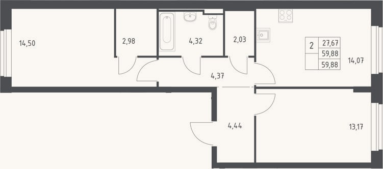 Планировка: 2-к, 59,9 м²