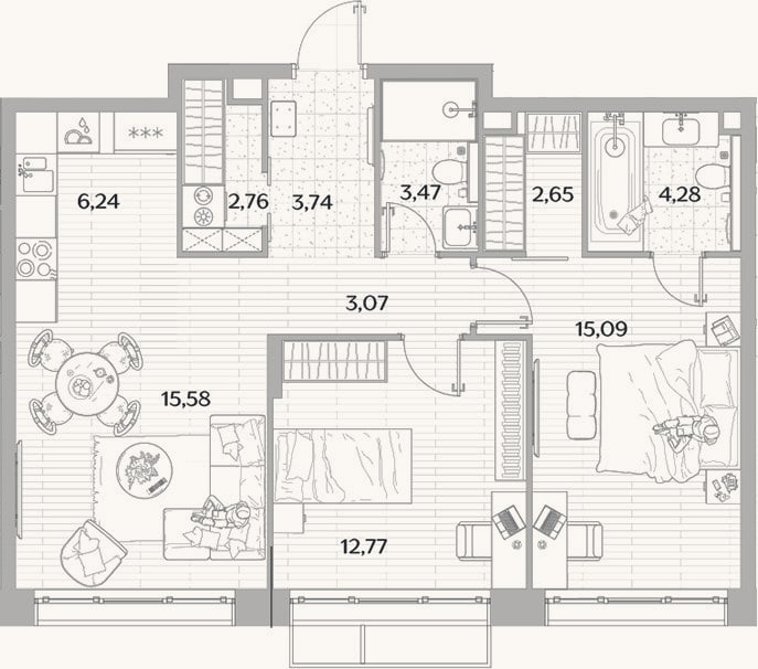 Планировка: 3-к, 69,7 м²