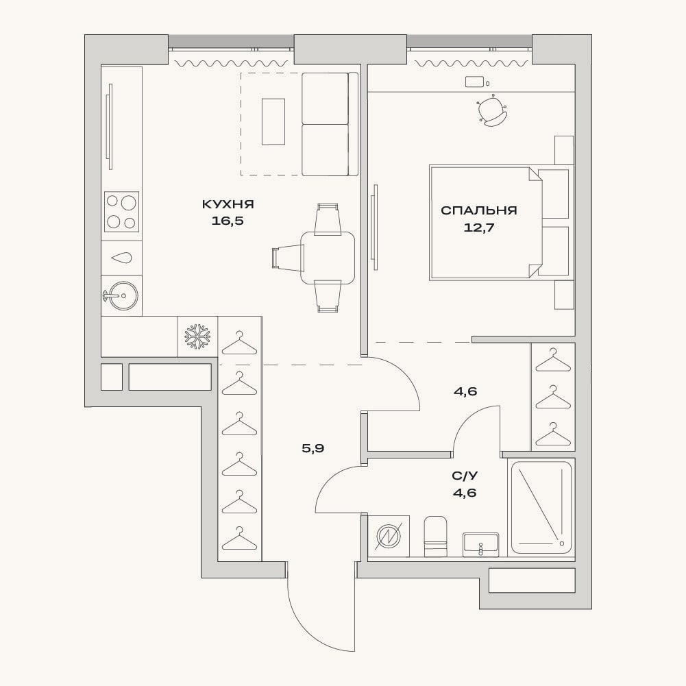 Планировка: 2-к, 44,3 м²