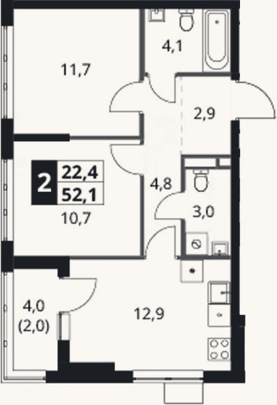 Планировка: 2-к, 50,1 м²