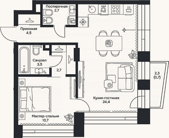 Планировка: 2-к, 48,5 м²