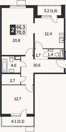 Планировка: 2-к, 66,3 м²