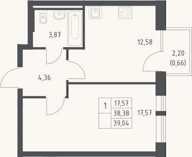 Планировка: 1-к, 38,4 м²