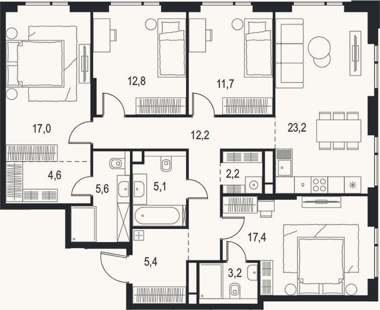 Планировка: 4+ к, 120,4 м²