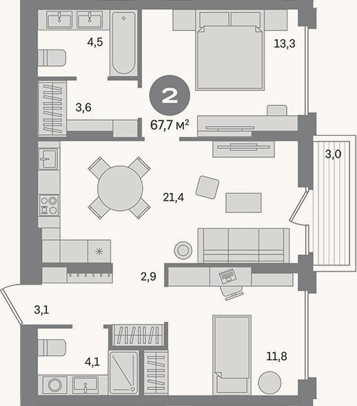 Планировка: 2-к, 64,7 м²