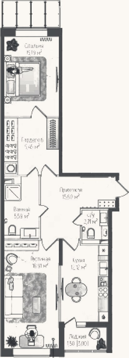 Планировка: 2-к, 75,6 м²
