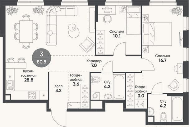 Планировка: 3-к, 80,8 м²