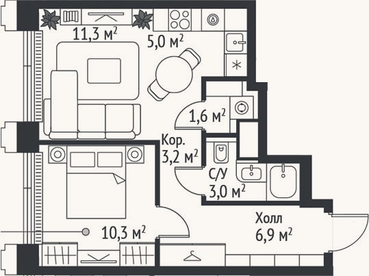 Планировка: 2-к, 41,3 м²