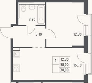 Планировка: 2-к, 38 м²
