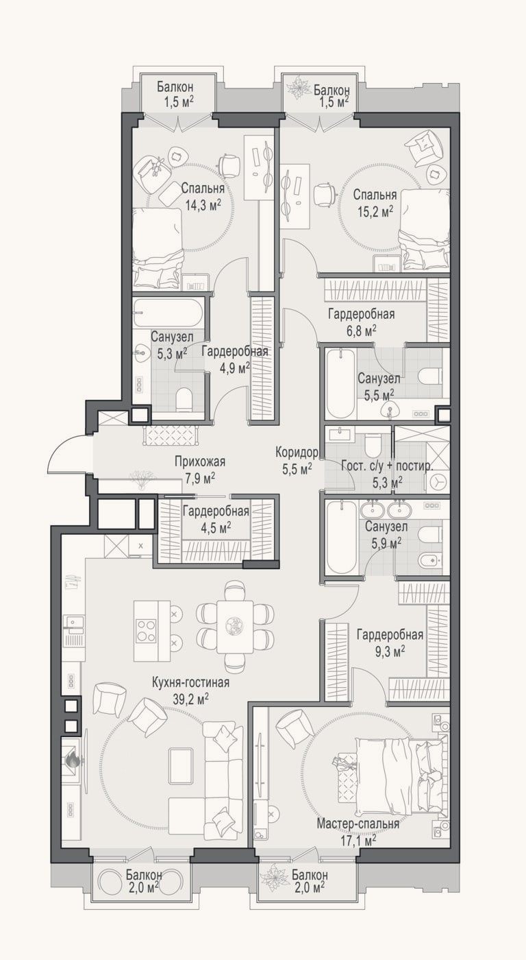 Планировка: 4+ к, 148,7 м²