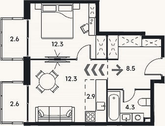Планировка: 2-к, 40,3 м²