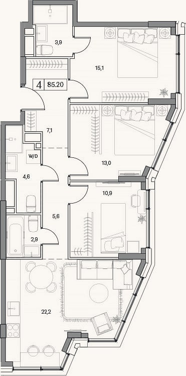 Планировка: 4+ к, 85,2 м²