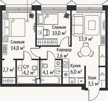 Планировка: 3-к, 61 м²