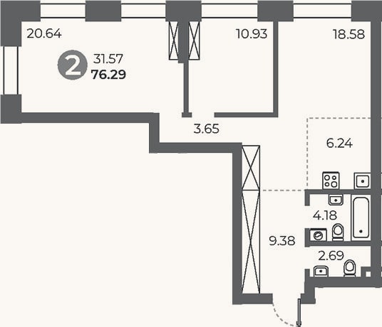 Планировка: 2-к, 76,3 м²