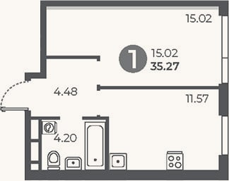 Планировка: 1-к, 35,3 м²