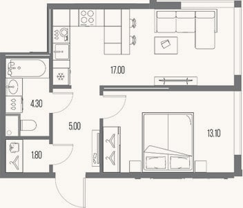 Планировка: 1-к, 41,2 м²