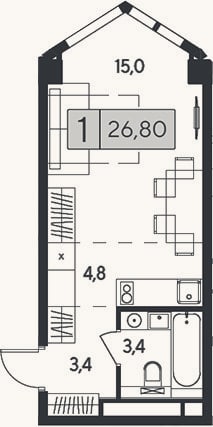 Планировка: Студия, 26,8 м²