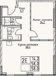 Планировка: 2-к, 58 м²