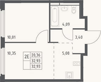 Планировка: 2-к, 32,9 м²