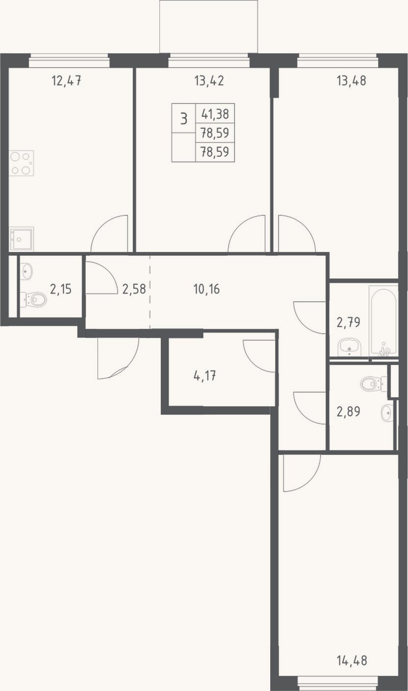 Планировка: 3-к, 78,6 м²