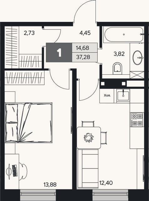Планировка: 1-к, 37,3 м²