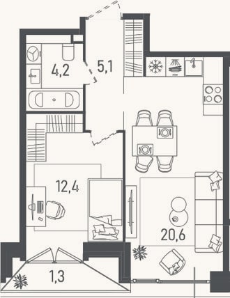 Планировка: 2-к, 42,3 м²