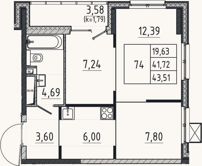 Планировка: 2-к, 41,7 м²