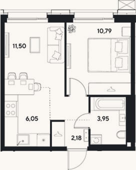 Планировка: 2-к, 34,5 м²