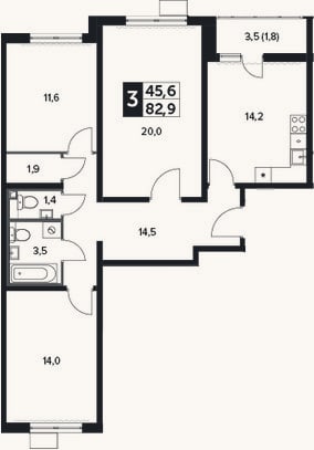 Планировка: 3-к, 82,2 м²
