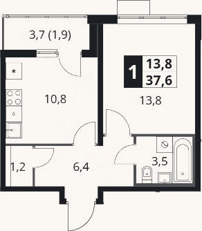 Планировка: 1-к, 35,7 м²