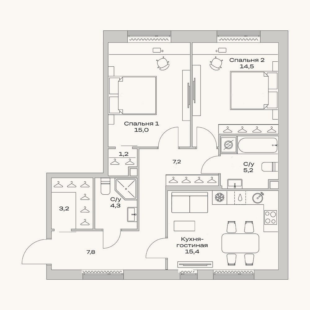 Планировка: 3-к, 73,8 м²