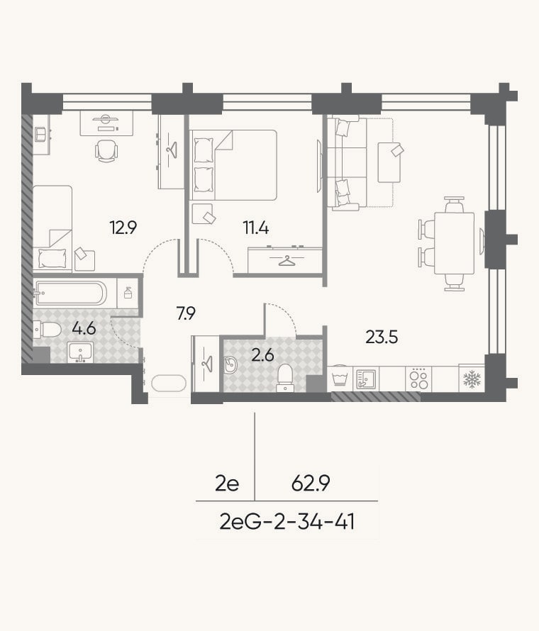 Планировка: 3-к, 62,9 м²