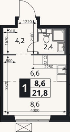 Планировка: Студия, 21,8 м²