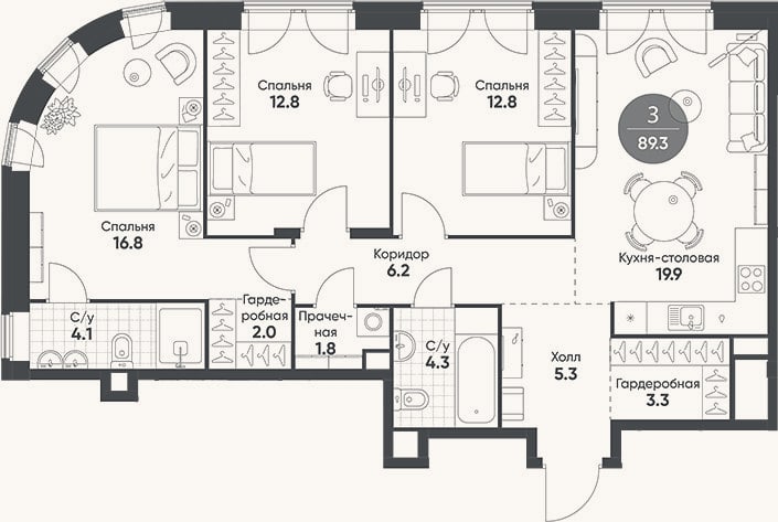 Планировка: 4+ к, 89,3 м²