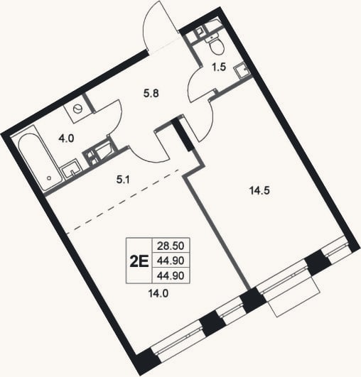 Планировка: 2-к, 44,9 м²