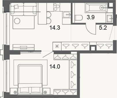 Планировка: 2-к, 37,4 м²