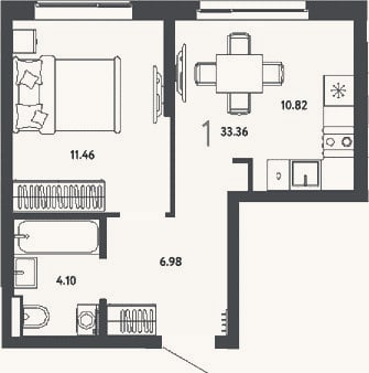 Планировка: 1-к, 33,4 м²