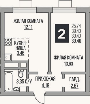 Планировка: 2-к, 39,4 м²
