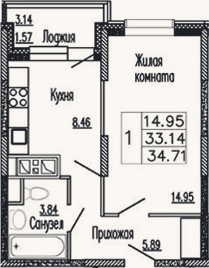 Планировка: 1-к, 33,1 м²