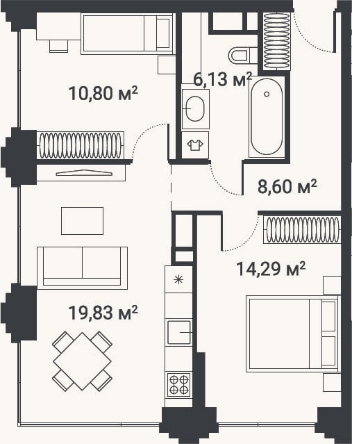 Планировка: 3-к, 57,9 м²