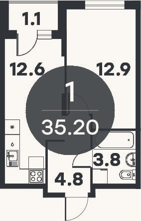 Планировка: 1-к, 34,1 м²