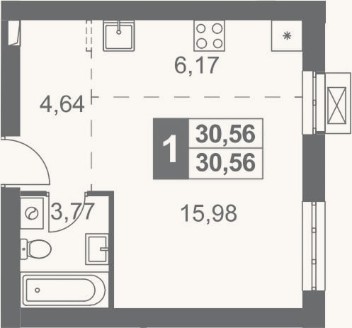 Планировка: Студия, 30,6 м²