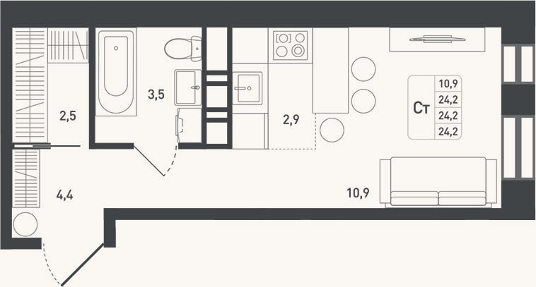 Планировка: Студия, 25,5 м²