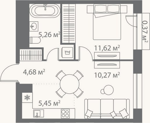 Планировка: 2-к, 37,3 м²