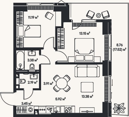 Планировка: 3-к, 56,6 м²