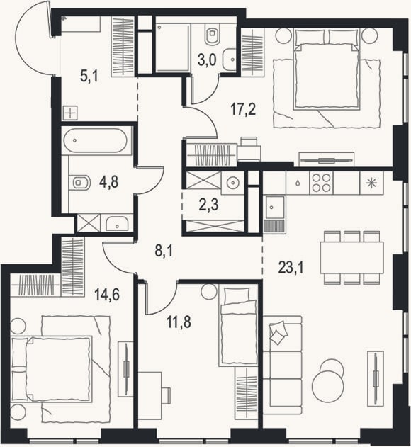 Планировка: 4+ к, 90 м²