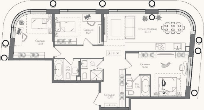 Планировка: 4+ к, 91,3 м²