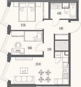 Планировка: 2-к, 54,3 м²