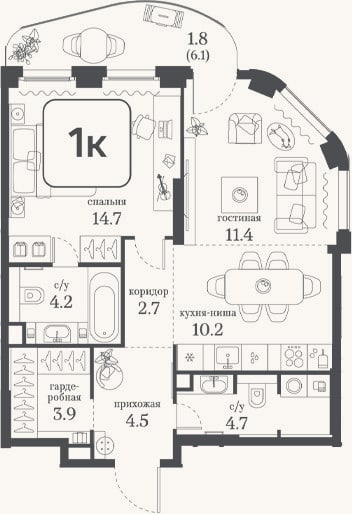 Планировка: 1-к, 56,3 м²